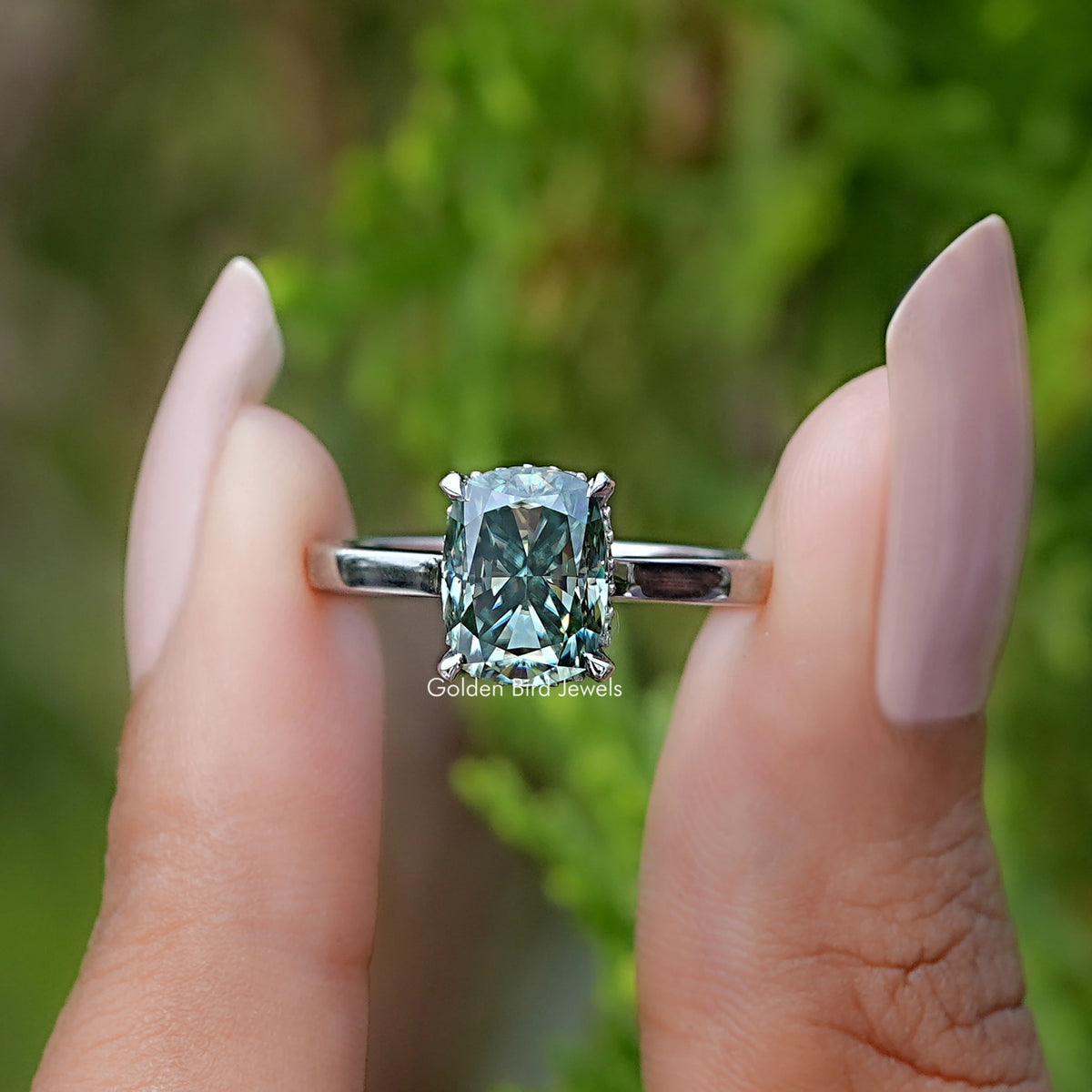 Elongated Cushion Moissanite Hidden Halo Ring
