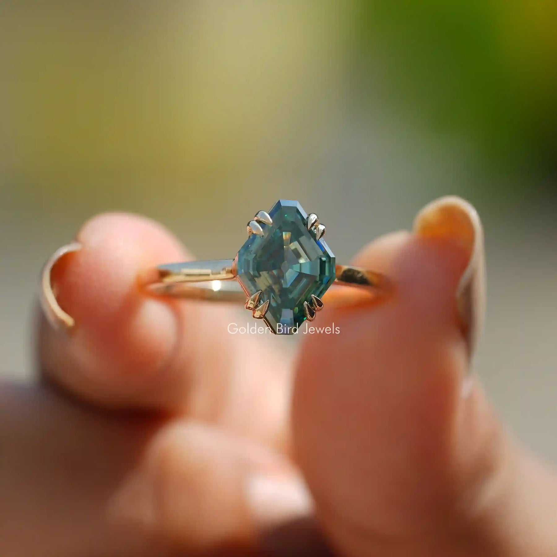 [Blue-Green Fancy Cut Moissanite Solitaire Ring]-[Golden Bird Jewels]