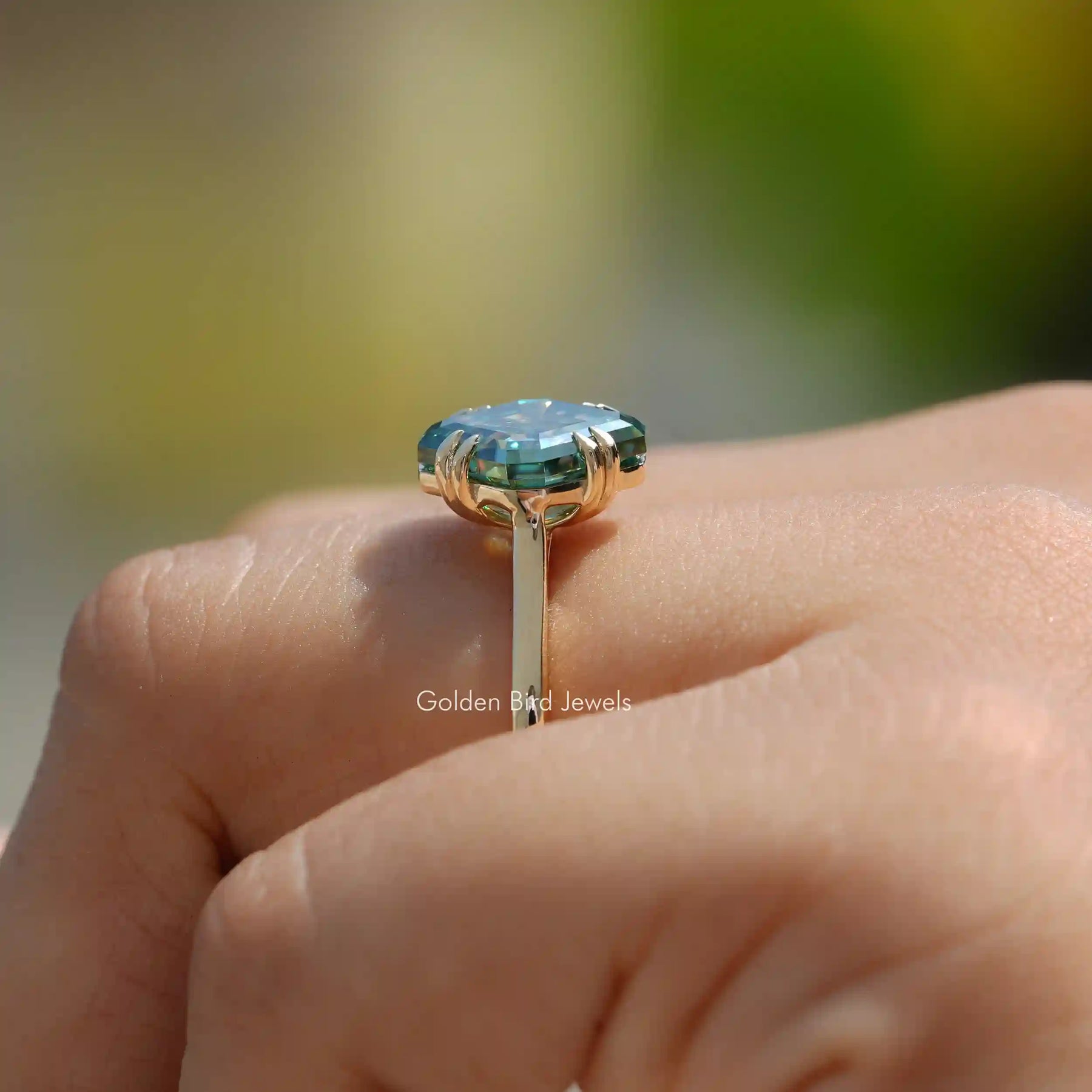 [Fancy Cut Moissanite Solitaire Ring Made Of Double Prongs & Yellow Gold]-[Golden Bird Jewels]