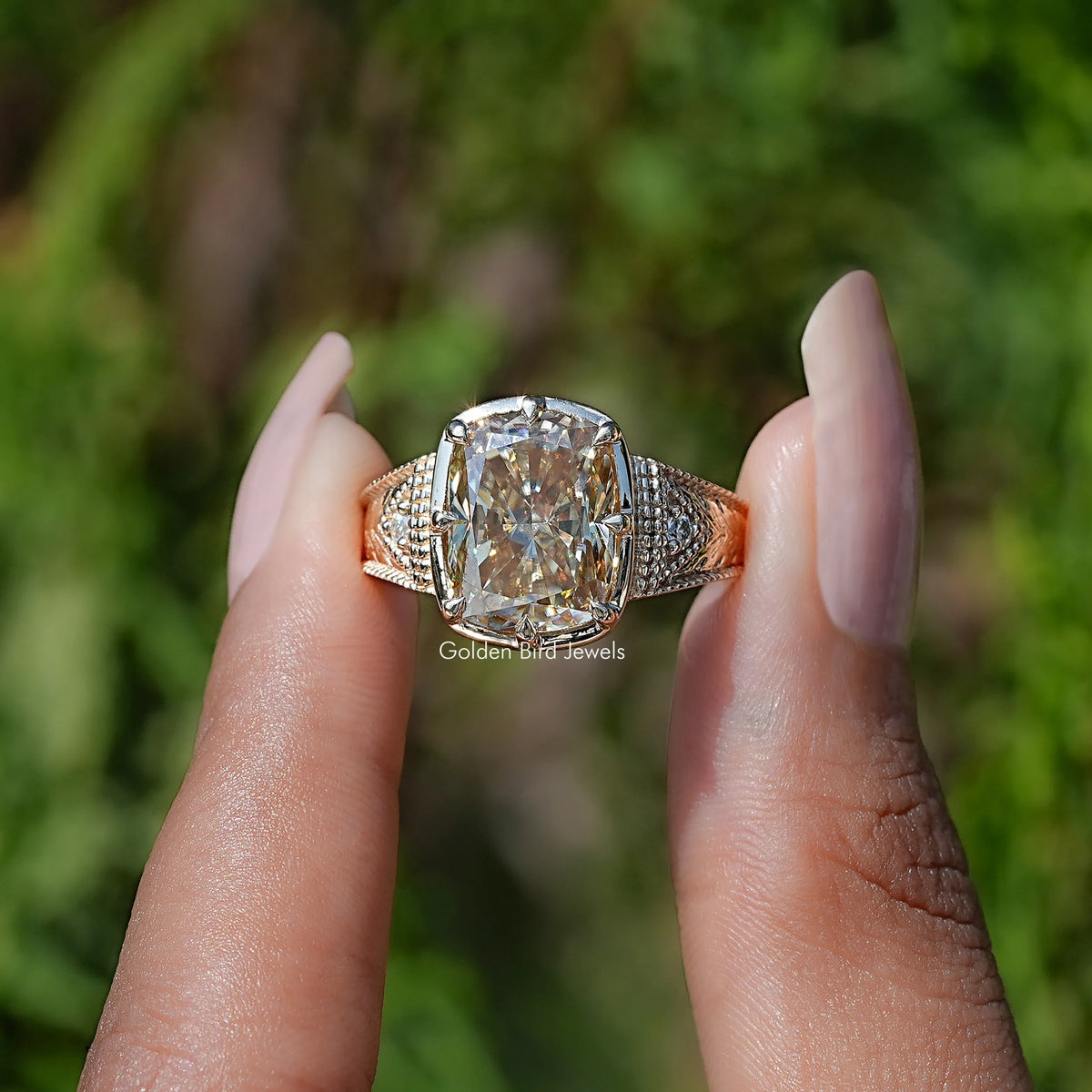 View Of Filigree Yellow Elongated cushion Moissanite Ring 