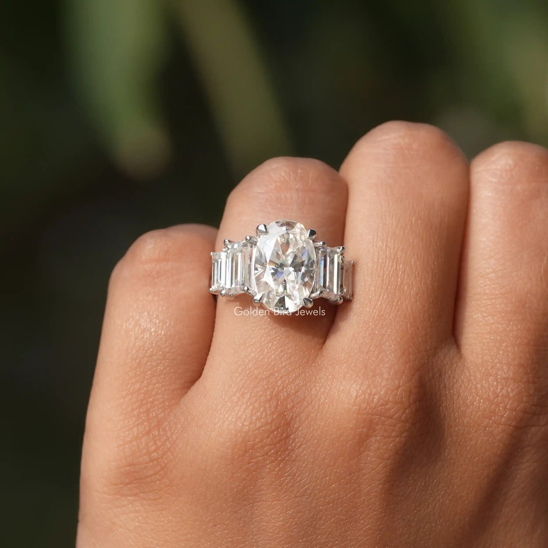 [Moissanite Oval And Baguette Cut Engagement Ring]-[Golden Bird Jewels]