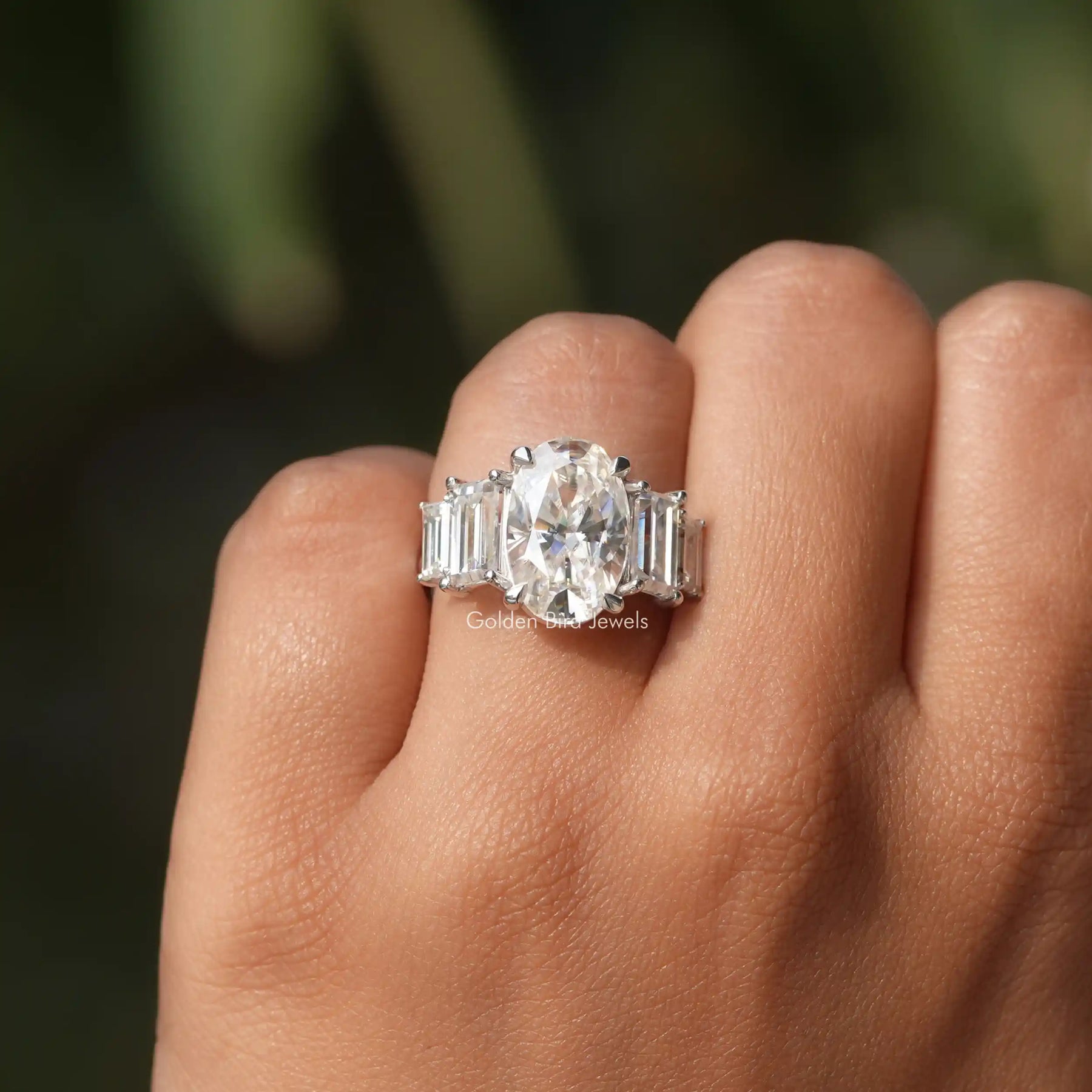 5 Carat Cubic Zirconia Engagement Ring – Oval With Baguettes – Sterling Silver .925 – Solitaire With Accents