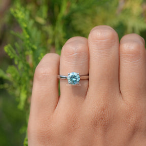 Blue Green Round Moissanite Solitaire Ring