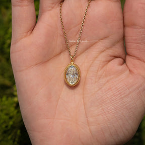 Close View Of Old Mine Oval Moissanite Pendant in Secure Setting 