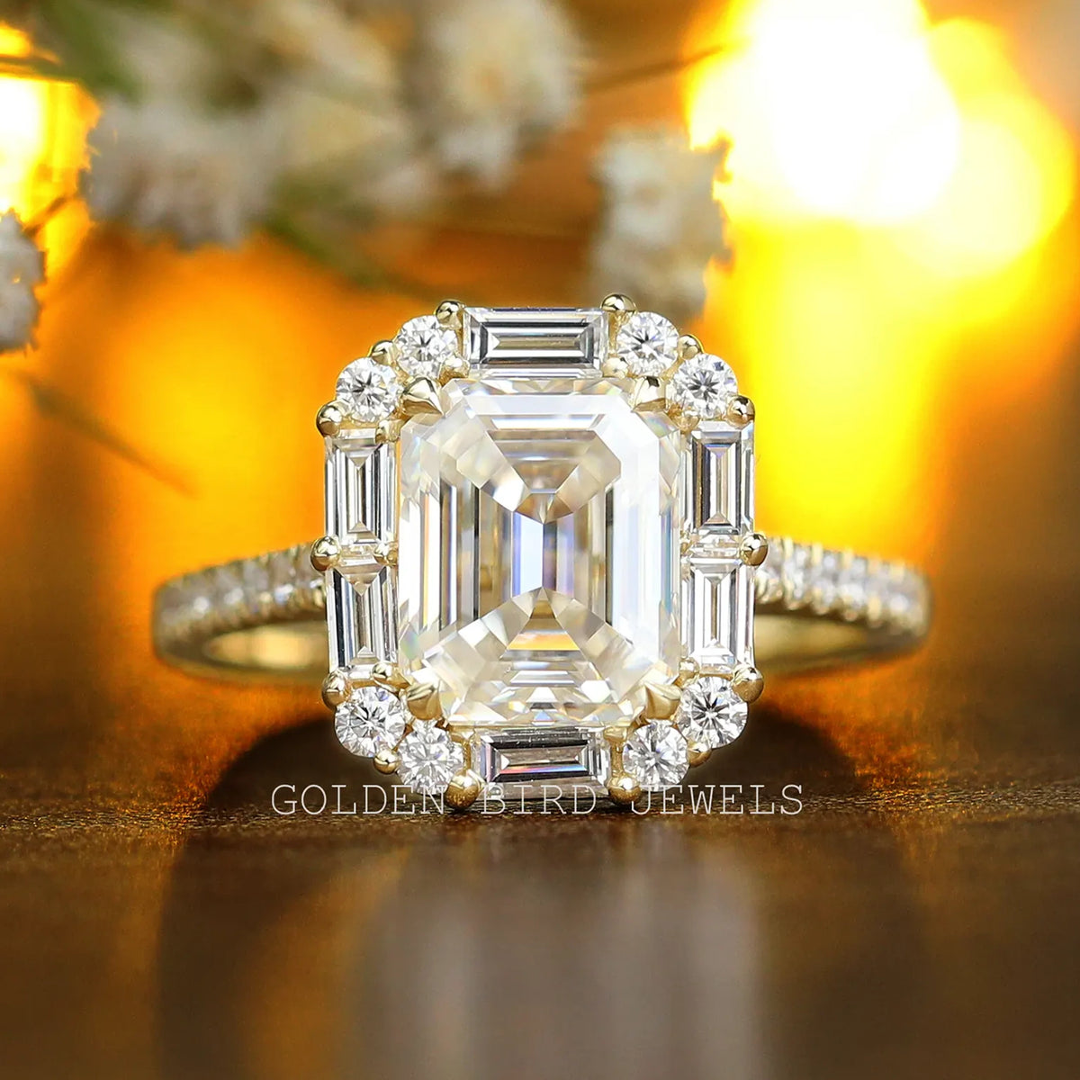 Emerald And Baguette Moissanite Halo Engagement Ring