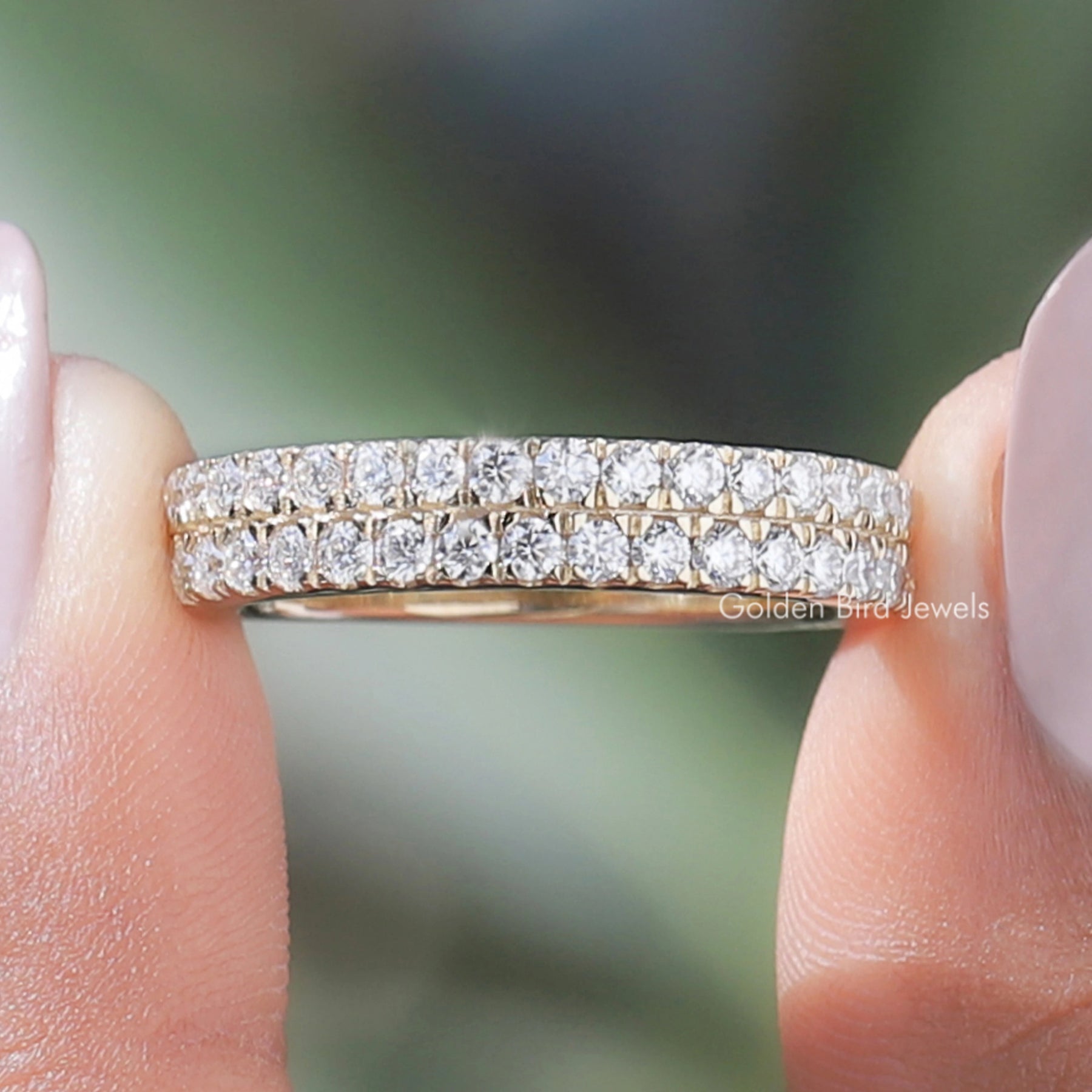 Round Cut Moissanite Two Row Eternity Band