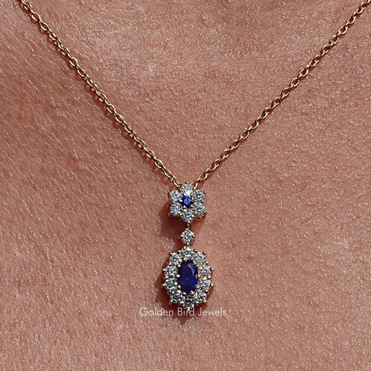 Blue Sapphire Oval Gemstone Halo Pendant