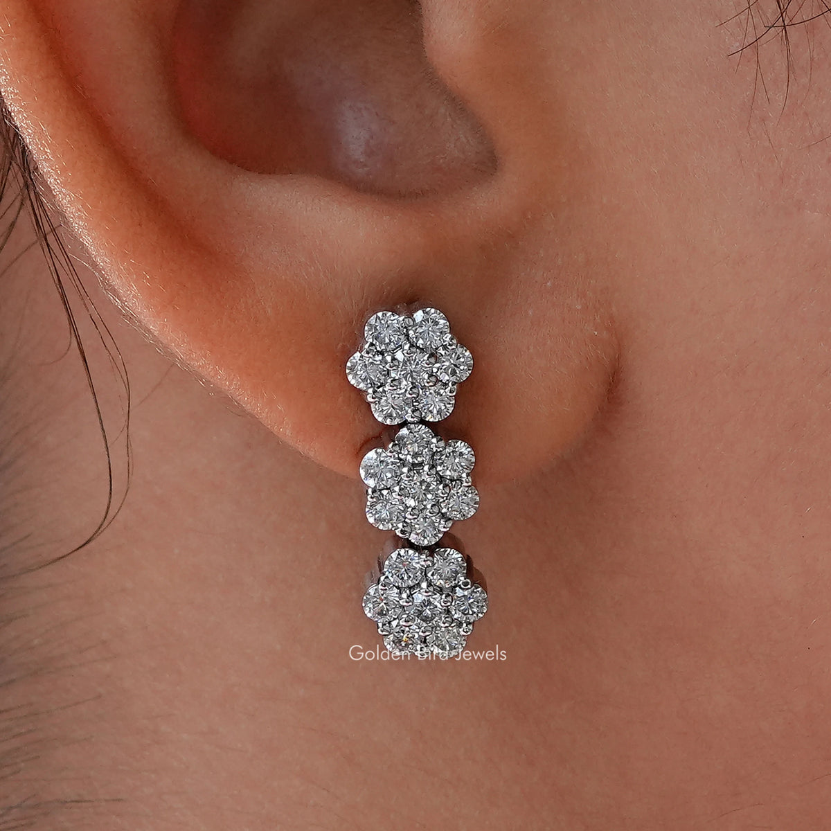 Round Moissanite Flower Style Cluster Earrings