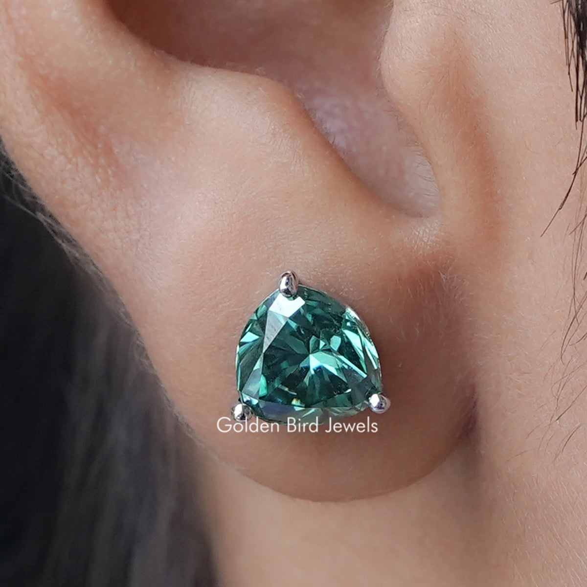 Dark Green Trillion Cut Moissanite Stud Earrings