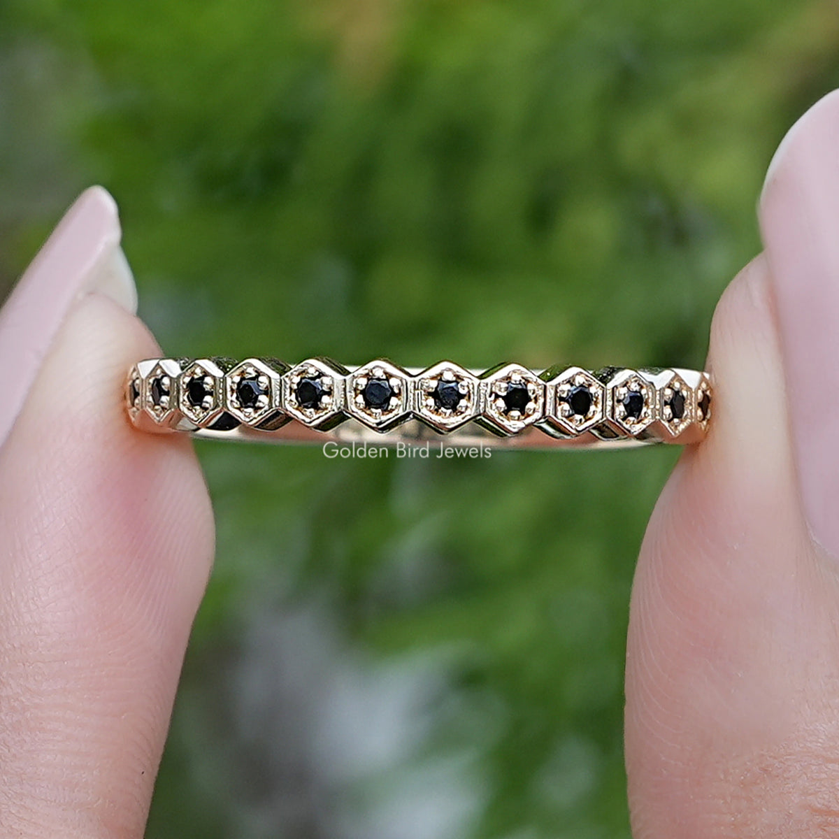 Black Round Gemstone Half Eternity Band