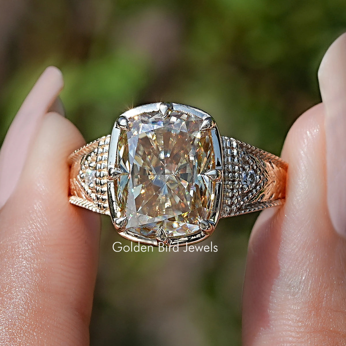 Filigree Yellow Elongated Cushion Moissanite Ring