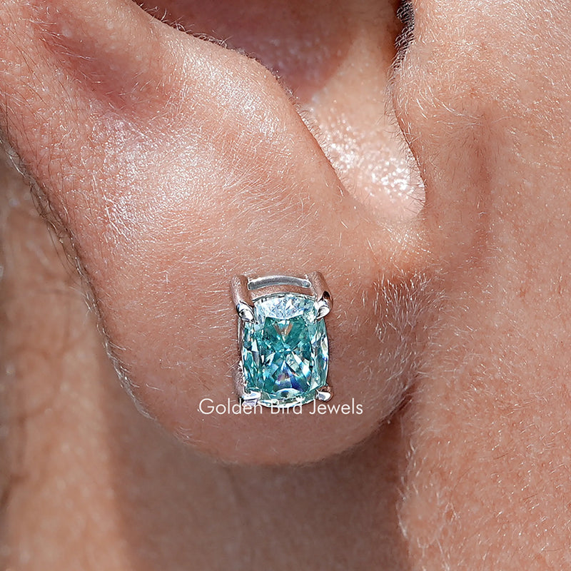 Blue Elongated Cushion Moissanite Stud Earrings