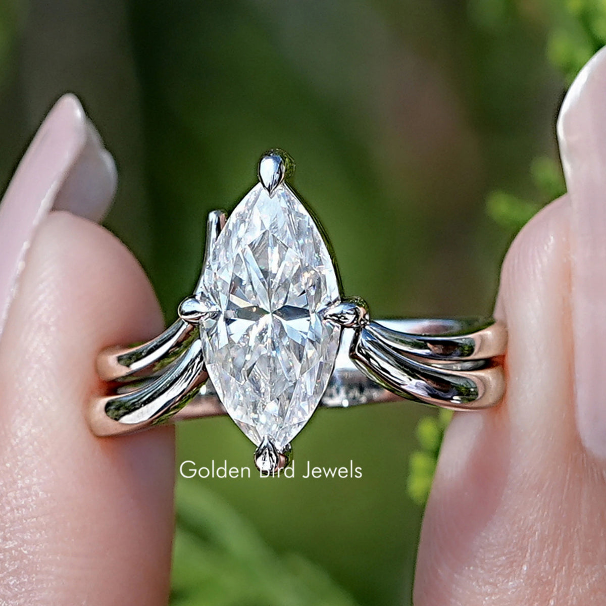 Marquise Cut Moissanite Solitaire Chevron Ring Set