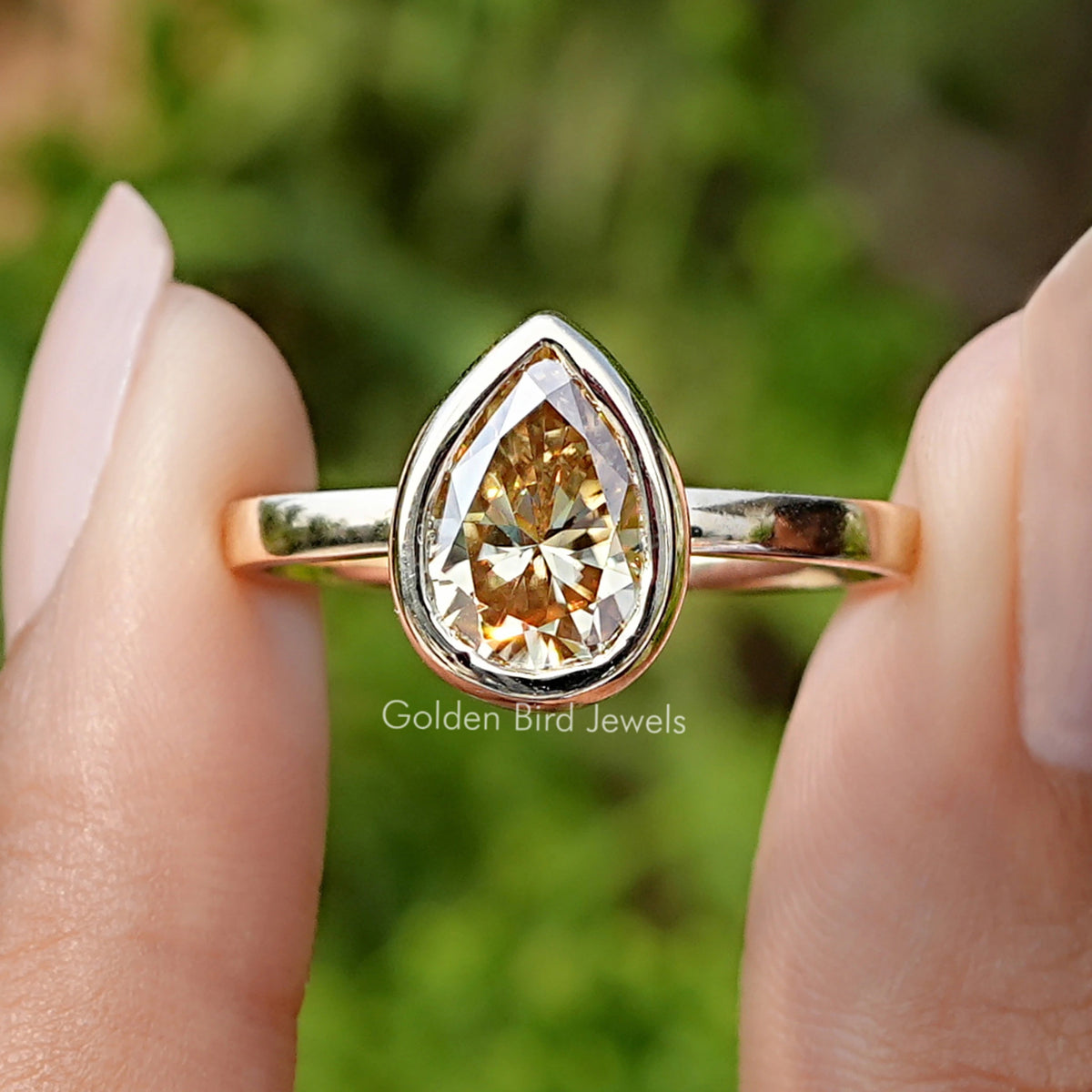 Yellow Pear Cut Moissanite Bezel Set Solitaire Ring