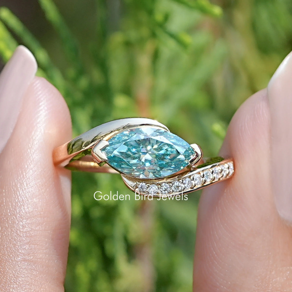 East West Blue Marquise Moissanite Bypass Ring