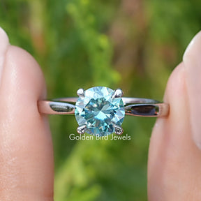 Blue Green Round Moissanite Solitaire Ring