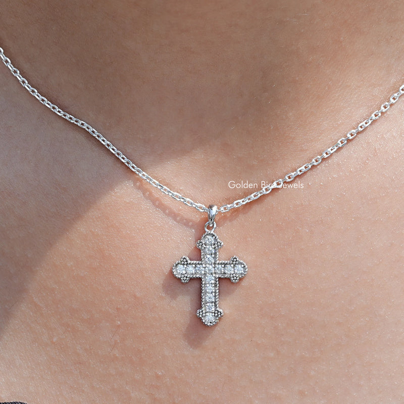 Round Cut Moissanite Encrusted Cross Pendant