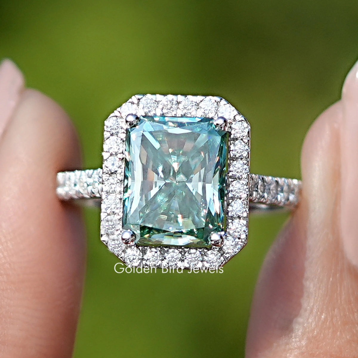 Blue Green Radiant Cut Moissanite Halo Accent Ring