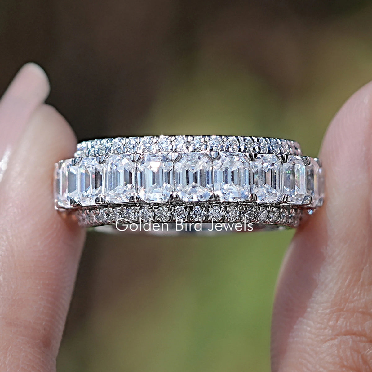 Emerald And Round Moissanite Three Row Wedding Band
