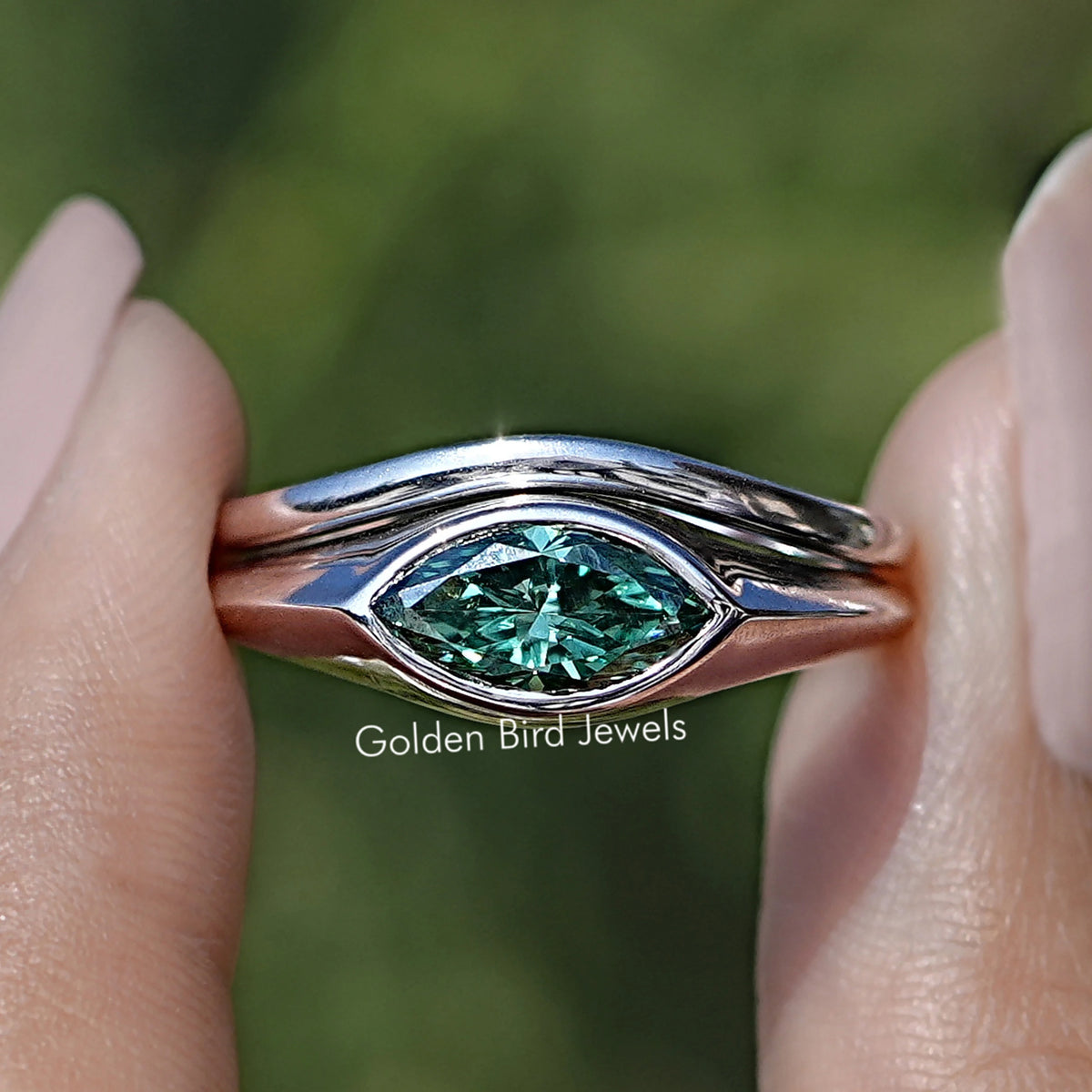 East West Green Marquise Bezel Set Moissanite Ring Set