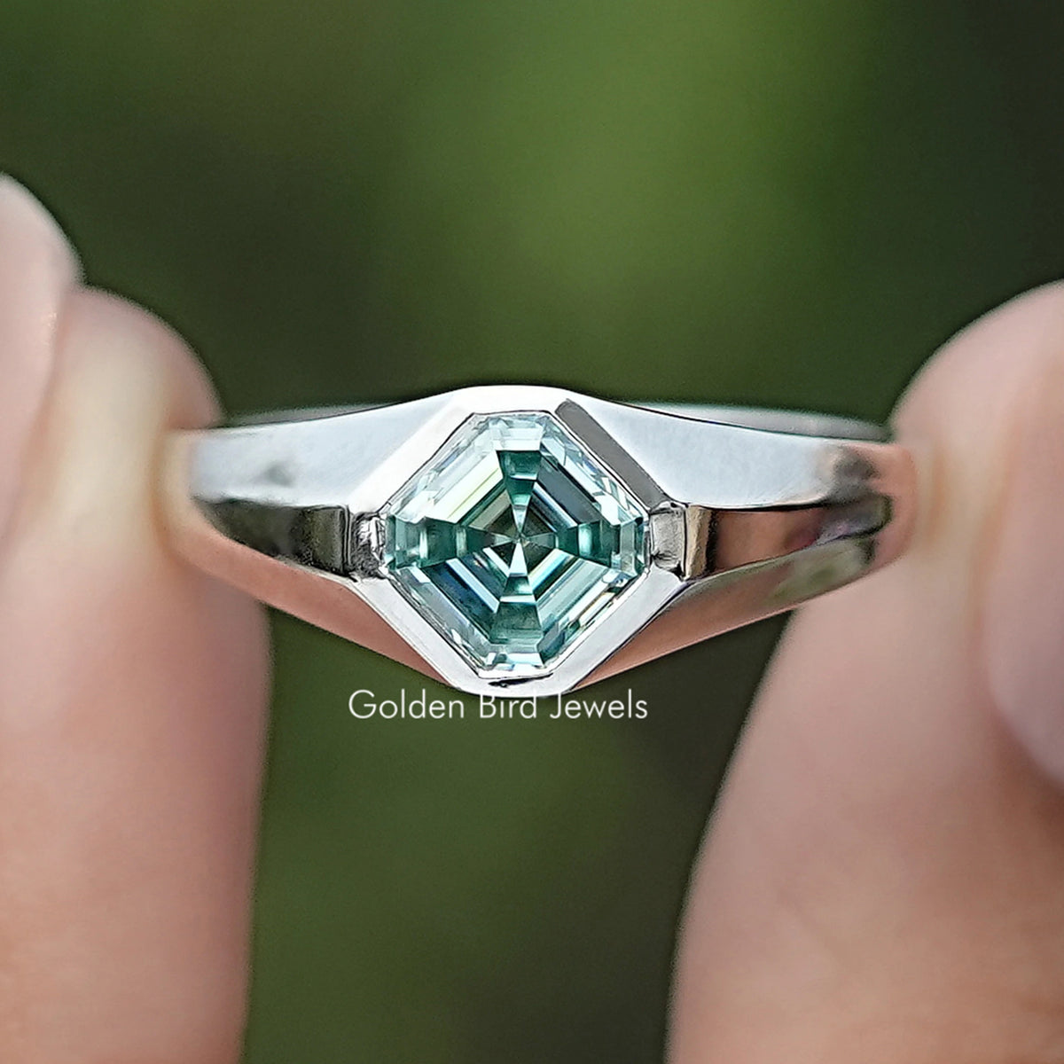Blue Asscher Cut Moissanite Solitaire Ring