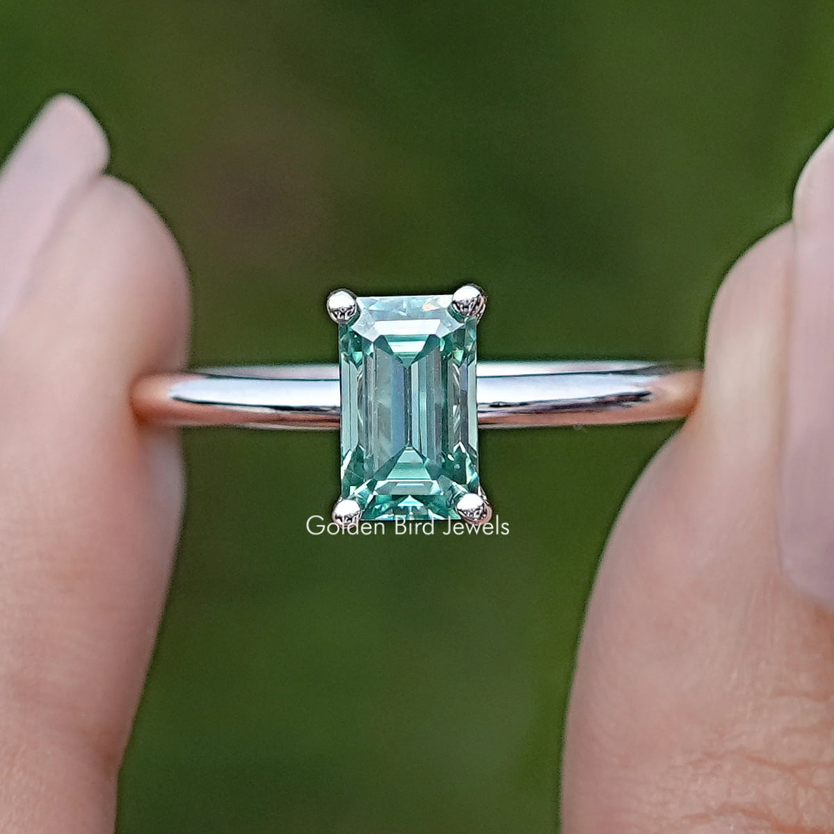 Green Emerald Cut Moissanite Solitaire Ring