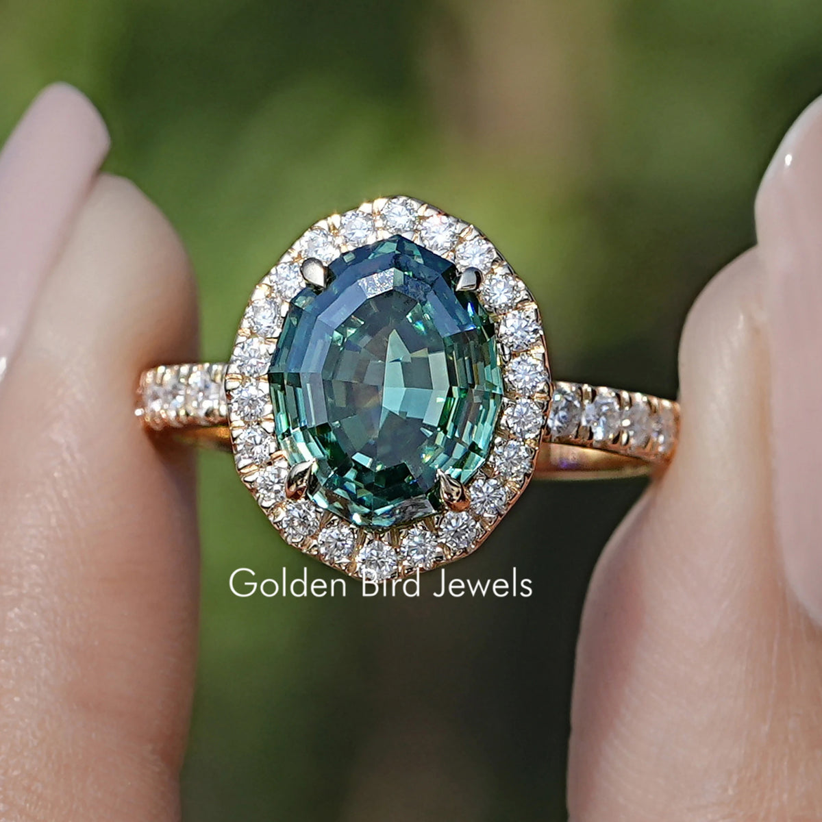 Step Cut Oval Moissanite Halo Accent Ring