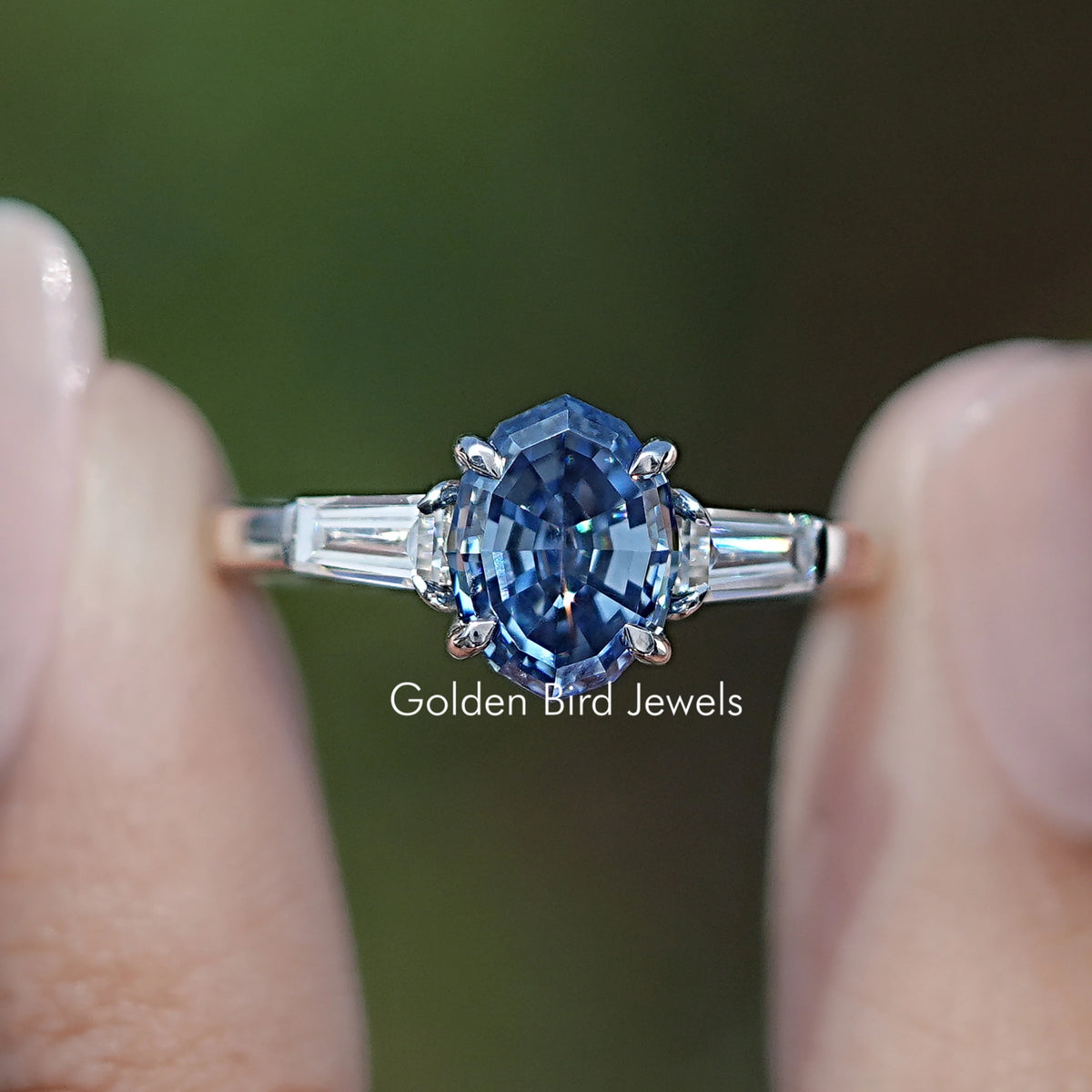 Blue Step Cut Oval Moissanite Three Stone Ring