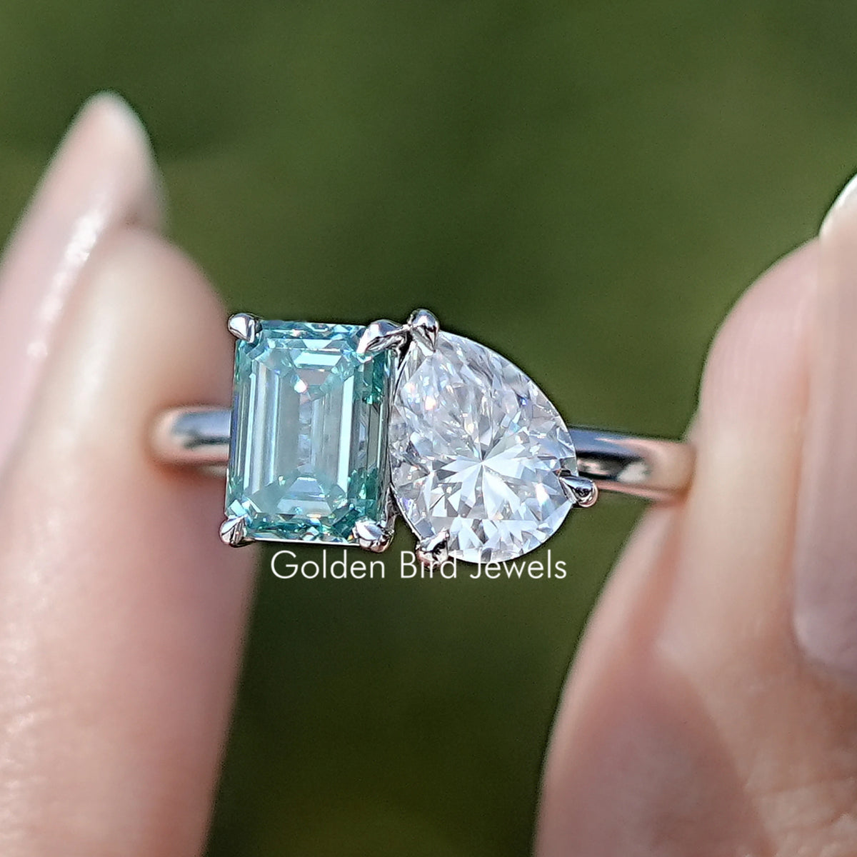 Pear and Emerald Cut Two Stone Moissanite Ring