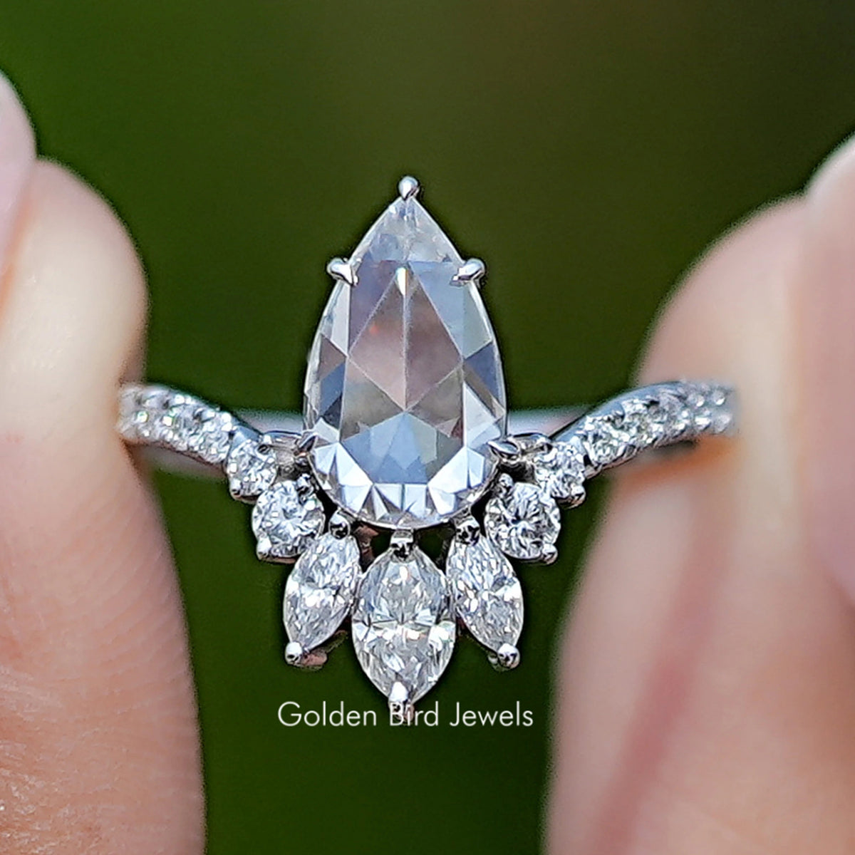 Rose Cut Pear Moissanite Curved Engagement Ring