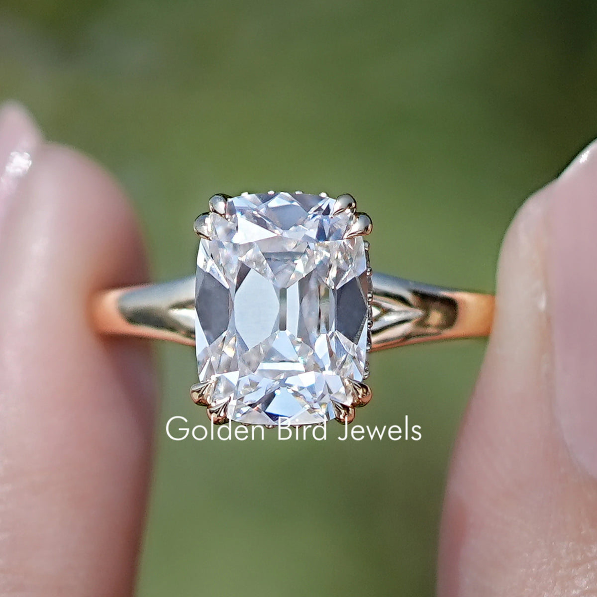 Old Mine Cushion Cut Lab Diamond Split Shank Ring
