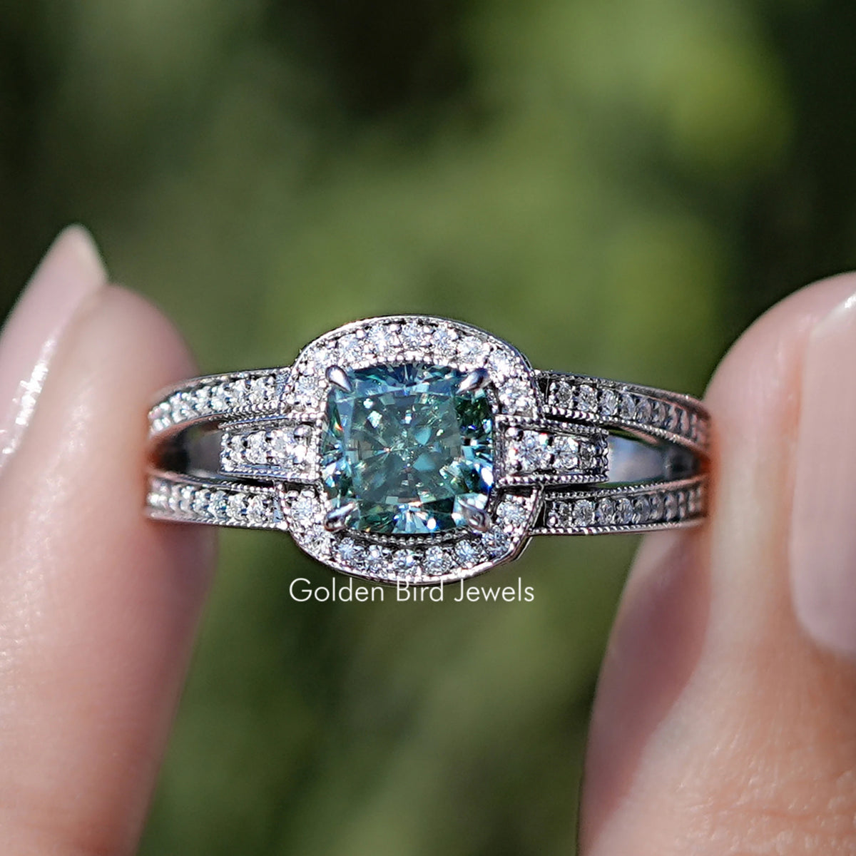 Cushion Cut Moissanite Halo Engagement Ring