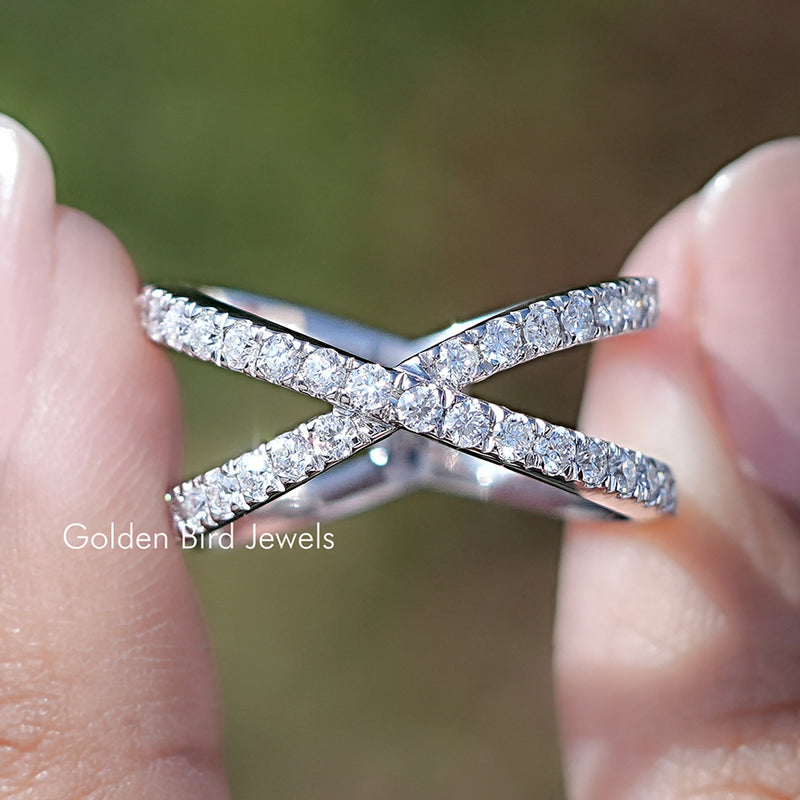 Round Cut Moissanite Cross Half Eternity Band