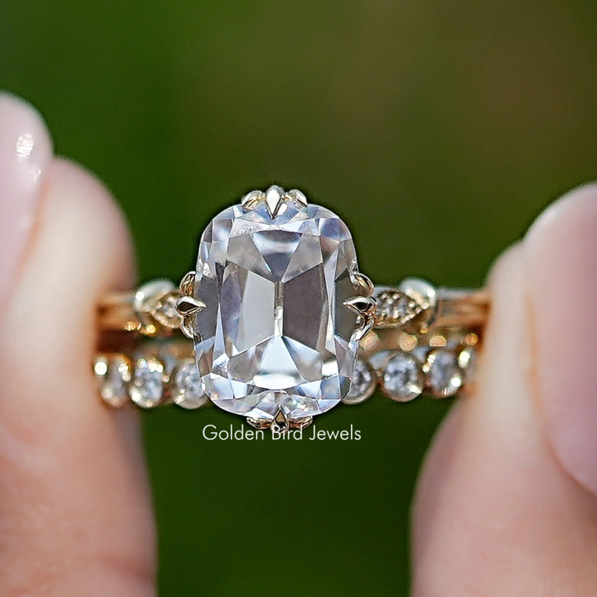 Elongated OMC Cushion Moissanite Bridal Ring Set