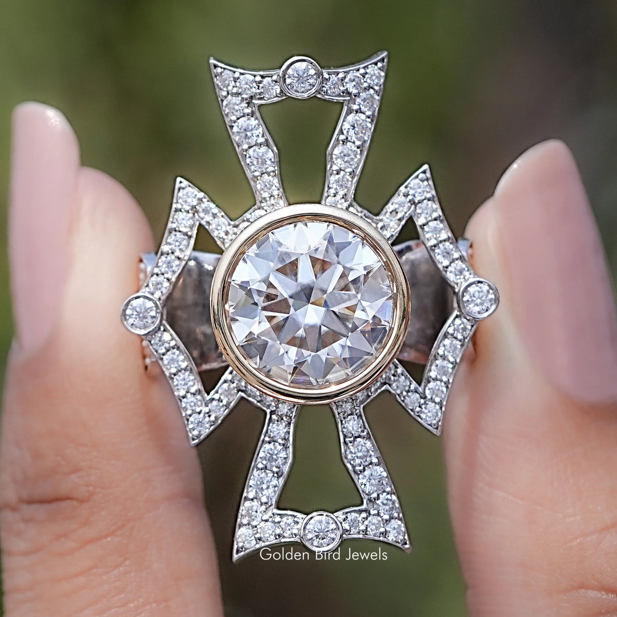 Bezel Set Round Cut Moissanite Vintage Style Ring