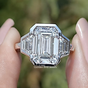 Bezel Set Emerald Cut Lab Diamond Three Stone Ring