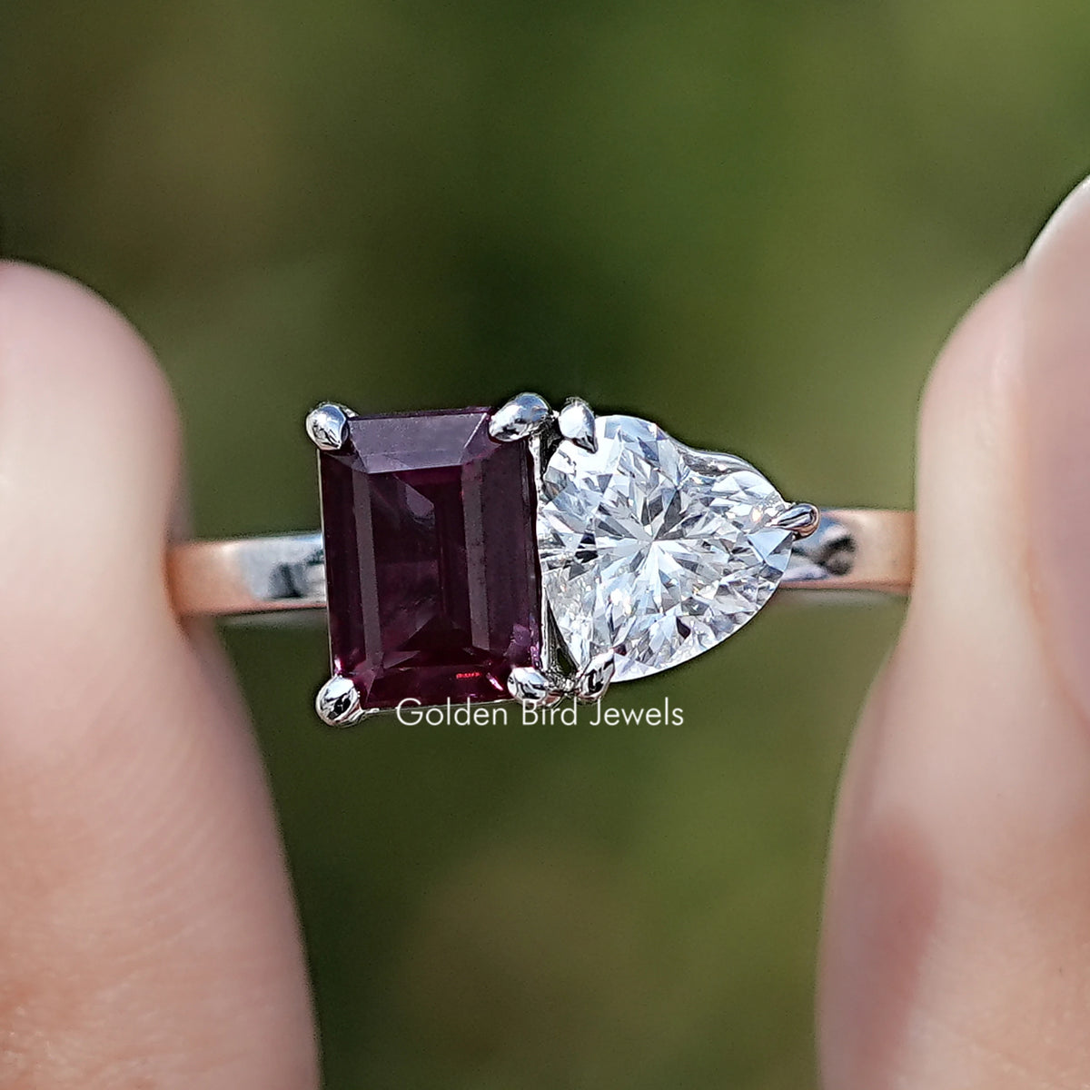 Alexandrite Gemstone And Heart Moissanite Toi Et Moi Ring