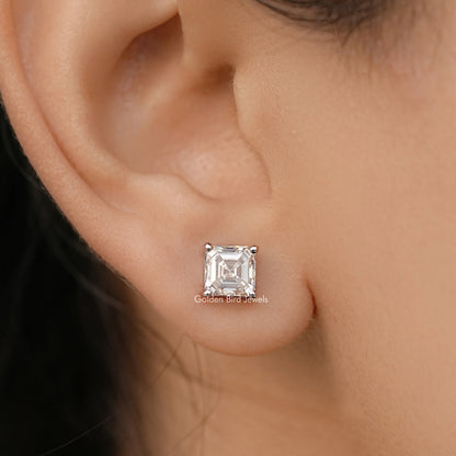 Asscher Cut Moissanite White Gold Stud Earrings