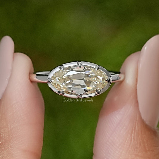 East West Old Mine Moval Moissanite Solitaire Ring