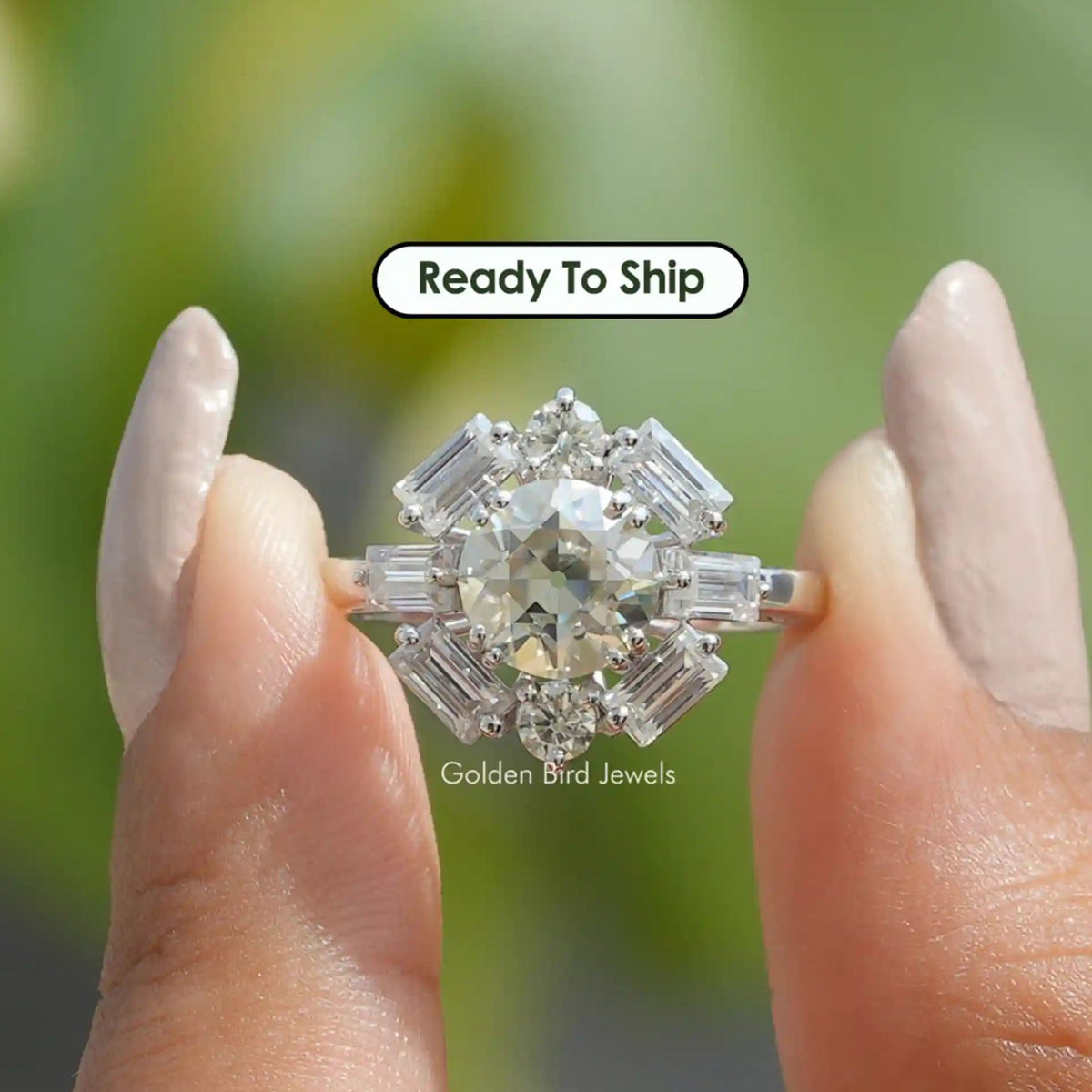 Old European Cut Round With Baguette Moissanite Ring
