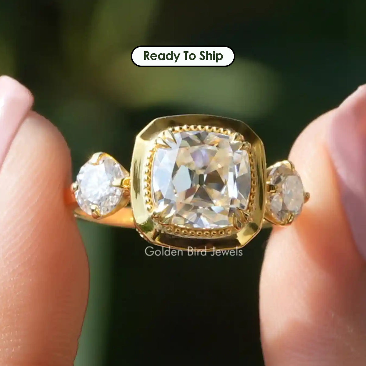 Old Mine Cushion Moissanite Three Stone Ring