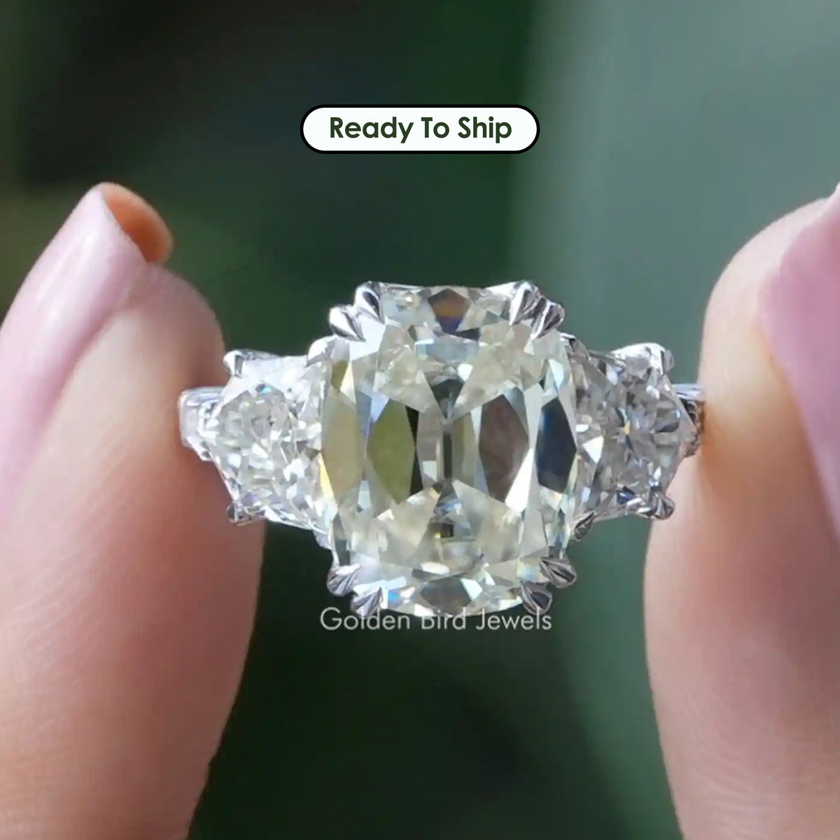 Old Mine Cushion Moissanite Three Stone Ring