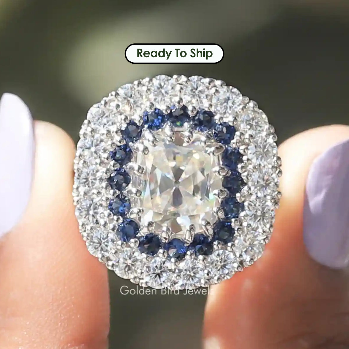 Double Halo Old Mine Cushion Moissanite Ring