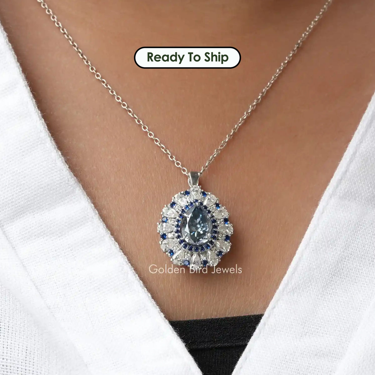 Blue Pear Moissanite Double Halo Pendant