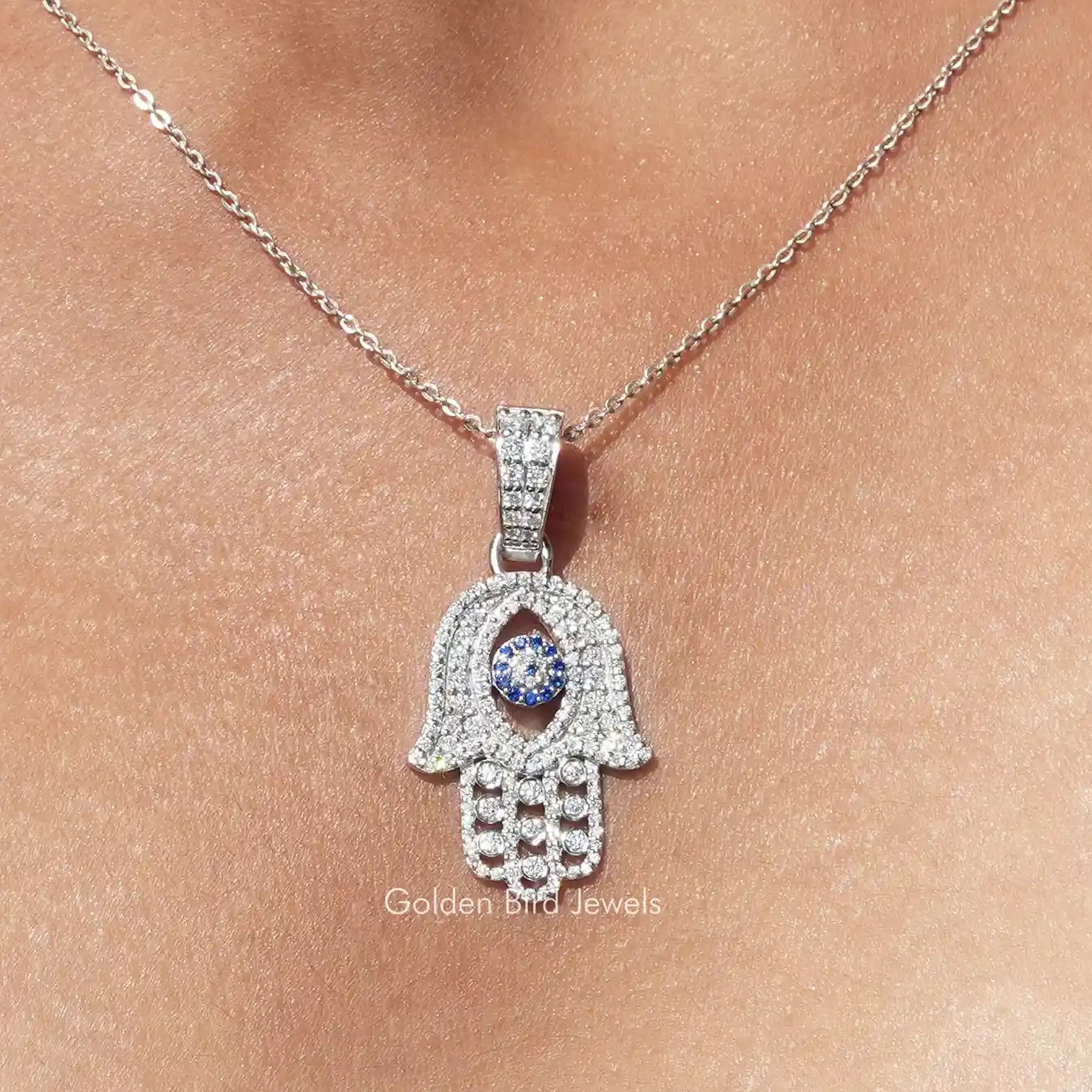Moissanite Round Cut Hamsa Hand Evil Eye Pendant