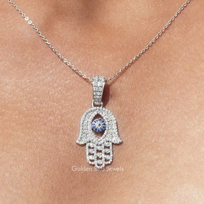 Moissanite Round Cut Hamsa Hand Evil Eye Pendant