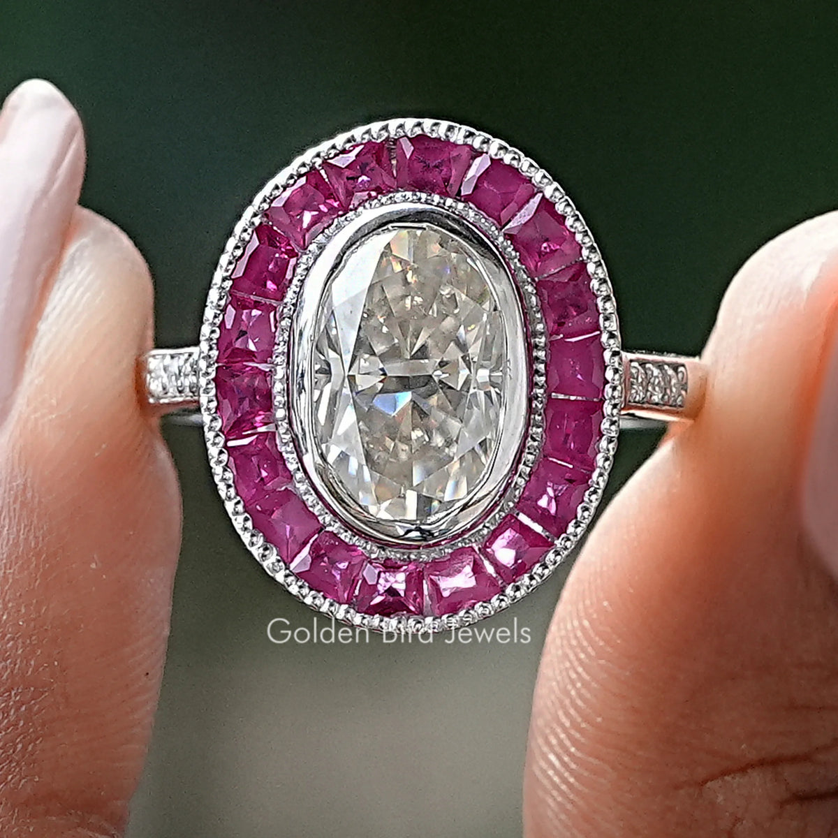 Crushed Ice Oval Moissanite Halo Engagement Ring