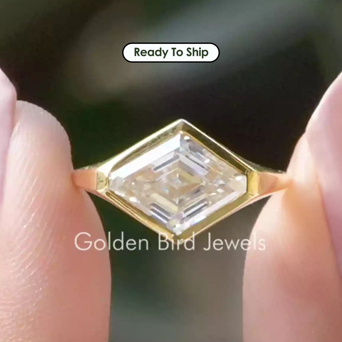 Modified Lozenge Cut Moissanite Bezel Set Solitaire Ring
