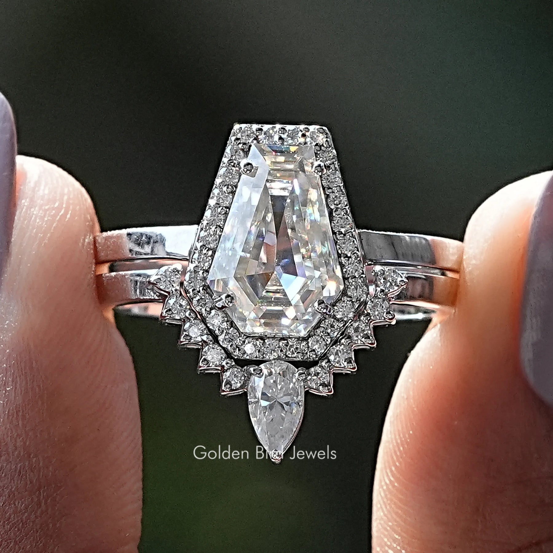 Coffin Cut Moissanite Halo Ring Set - Main Image