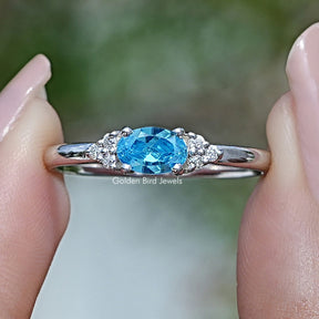 East West Aqua Marine Oval Cut Gemstone Ring